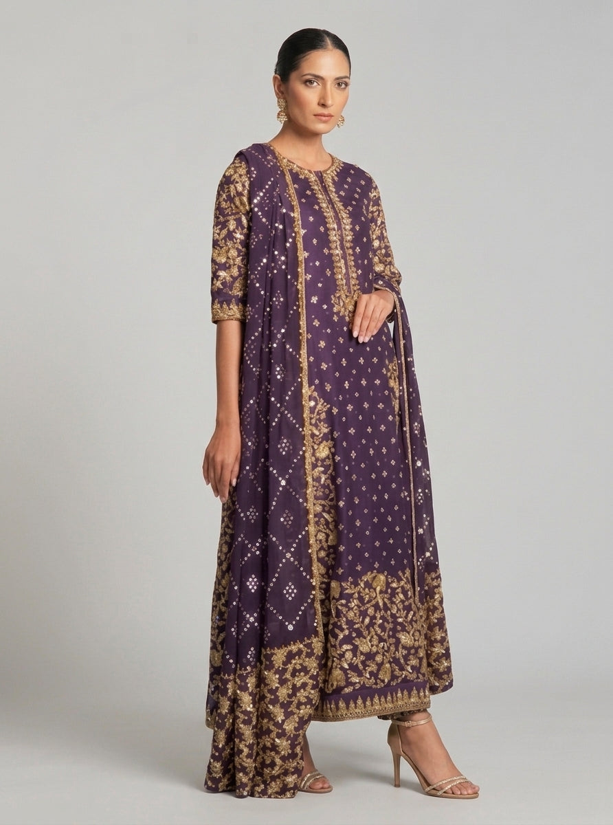Haris Shakeel brides purple raw silk fabric wedding