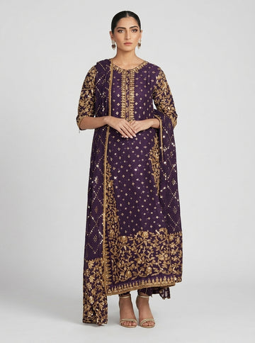 Haris Shakeel brides purple raw silk fabric wedding