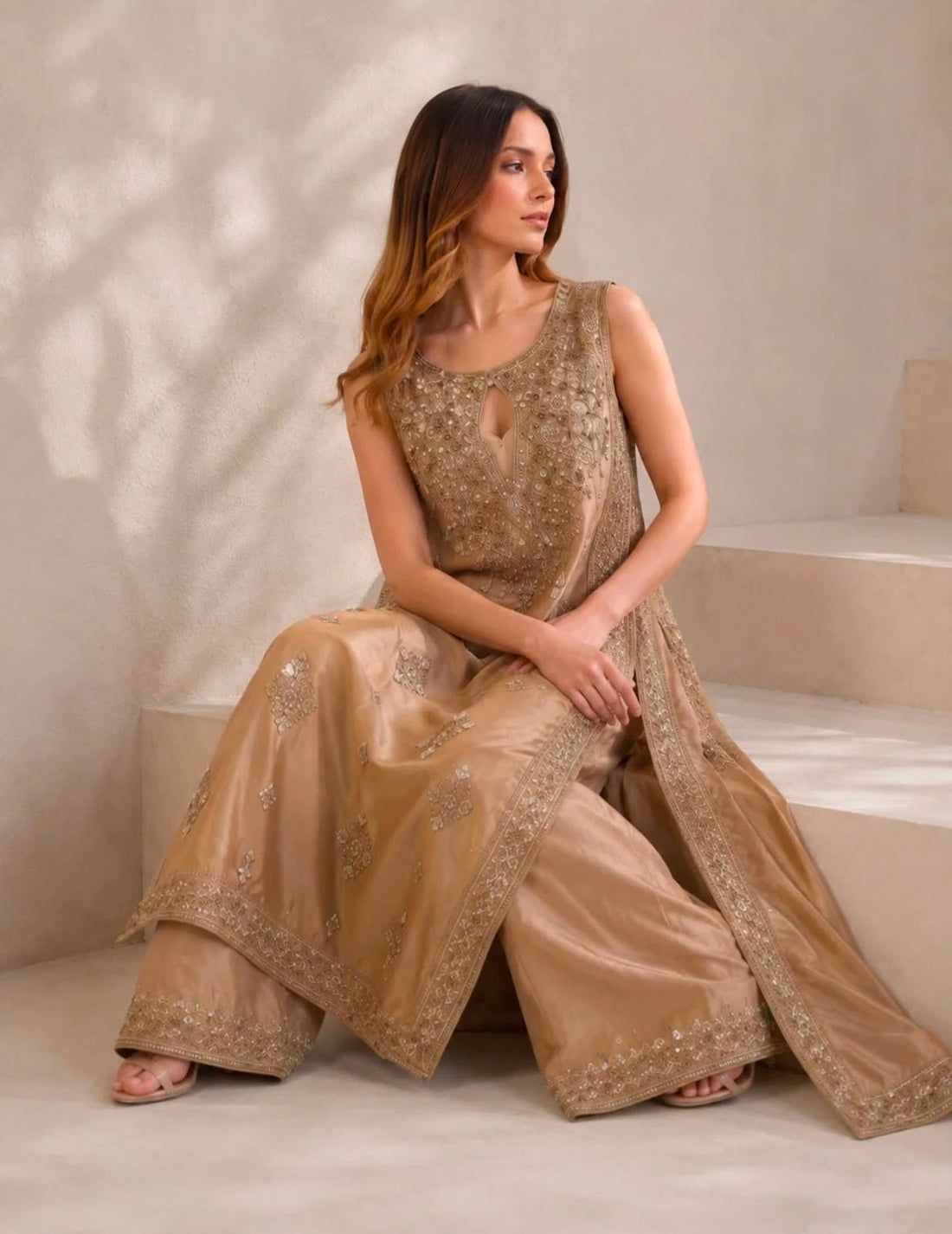 Haris ansari-Ivory bloom Tussel silk fabric 3pc