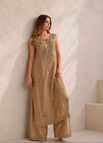 Haris ansari-Ivory bloom Tussel silk fabric 3pc