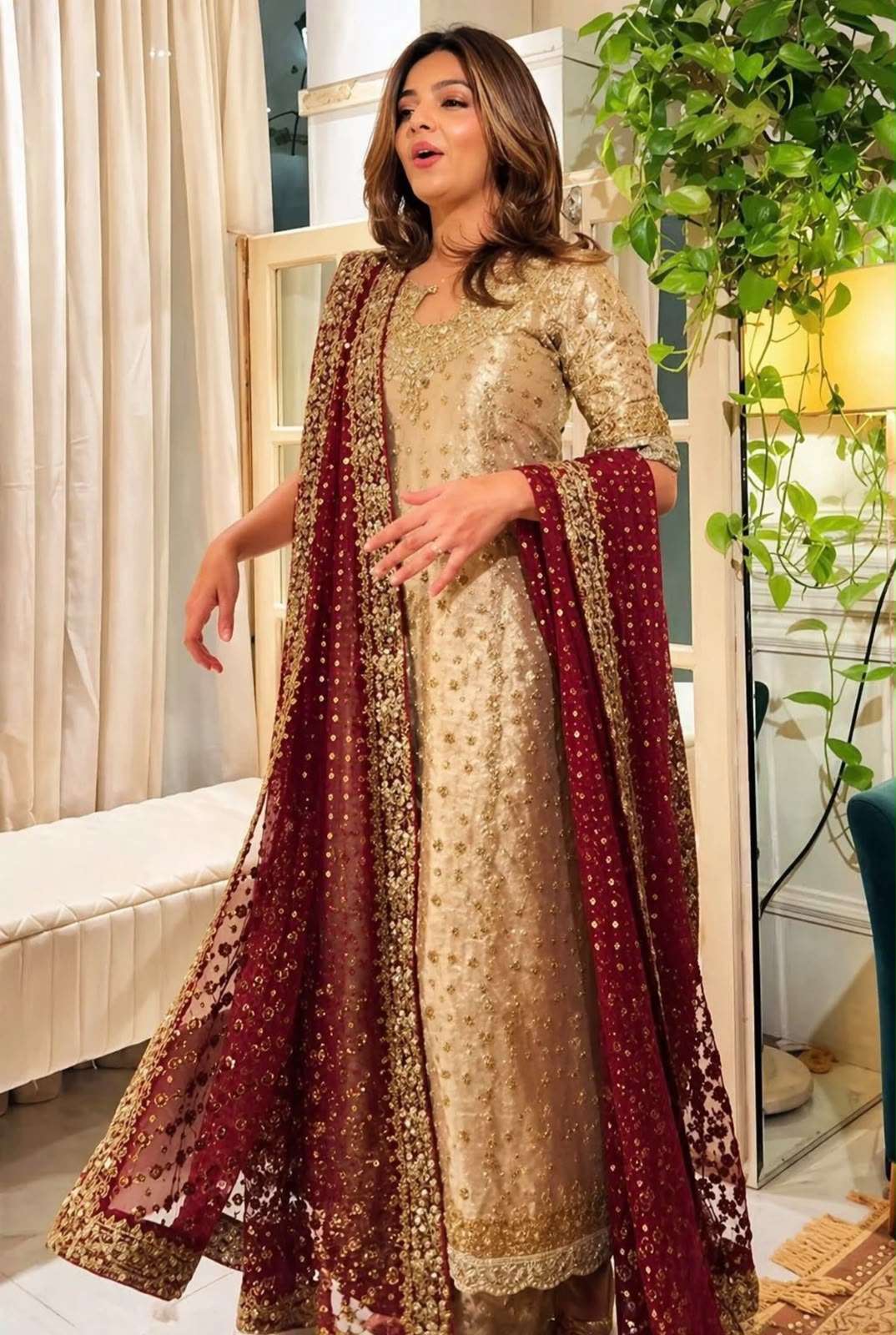 Haris Shakeel Red Duppata Double Zari Fabric
