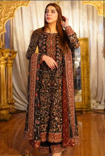 Haris Shakeel Black floral Raw silk fabric wedding dress